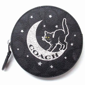 コーチ コインケース COACH アウトレット シグネチャー キャンバス ハロウィングラフィック 猫と月 丸型コインケース CX348 SVPHT