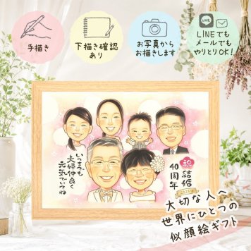 結婚40周年の贈り物に、大切な記念日を、笑顔で残せます。 似顔絵 ギフト ルビー婚式 名入れ 手描き 贈り物 プレゼント 結婚40周年 記念 ルビー婚式 お祝い 大人数 家族 ご夫婦 ご両親 下書き確認 修正無料 名入れ 似てる 実績多数 宝物 喜ばれる ルビー婚式 40周年 感謝 宝物 一生もの 初任給 イラスト ハロウィン 喜寿祝い メモリアルギフト 同窓会 感動 還暦祝い お祝い返し