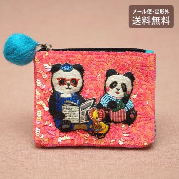 タマオワールド スパンコール刺繍ポーチ Panda parent and child POC3668 ネコポス 送料無料 ポーチ 小物入れ 猫 ネコ ねこ レディース 刺繍 ファスナー スパンコール キーケース ハナカラクサ