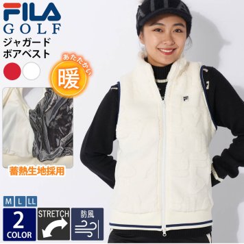 FILA GOLF フィラゴルフ ゴルフウェア レディース ボアベスト ブランド 秋 冬 ブルゾン ベスト ジャガードボア 立体ロゴ 防風 保温 防寒 蓄熱 ストレッチ 伸縮性 M L LL スポーツ アウトドア カジュアル おしゃれ 2024FW outfit