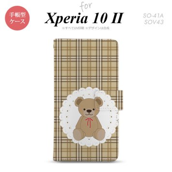 Xperia10 II 手帳型 スマホケース 全面印刷 おしゃれ ストラップホール有り くま チェック レース 茶 nk-004s-xp102-dr753