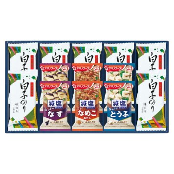 夏の贈り物お中元 味之庵 アマノフーズ&白子のり 白子のり味のり（8切5枚入）×7、減塩いつものおみそ汁（なす9g･とうふ10.3g･なめこ8g）×各2