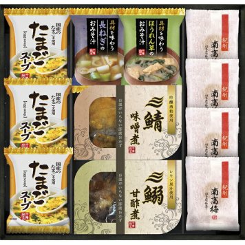 夏の贈り物お中元三陸産煮魚＆フリーズドライ・梅干しセット 紀州南高梅×4、たまごスープ（6.4g）×3、三陸産鰯の甘酢煮・三陸産鯖の味噌煮（各100g）・具材を味わうおみそ汁（長ねぎ・ほうれん草）×各1