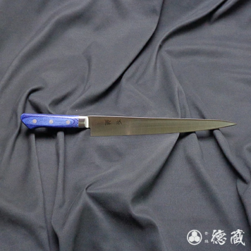 筋引ステンレス包丁　240mm 両刃 AUS8 積層材・青色 日本製 徳蔵刃物 TOKUZO KNIVES JAPAN Kitchen Knives 包丁 ほうちょう