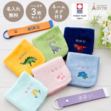 ハンカチ タオルハンカチ ネームタグ 名入れ 子供 刺繍 今治 ギフト セット プレゼント オリジナル 名前入り 女の子 男の子 恐竜 植物 花 入学 入園 保育園 小学校 学校 通学 通園 綿100% 3枚セット ラッピング 当日出荷