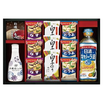 実りの秋の贈り物 アマノフーズ&ヤマサ鮮度しょうゆ詰合せ セット内容/白子のり味のり（8切5枚）･アマノフーズいつものおみそ汁なす（9.5g）･アマノフーズいつものおみそ汁とうふ（10g）×各3、永谷園お吸いもの（2.3g×2）･ヤマサ鮮度しょうゆ（200ml）･日清キャ