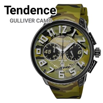 テンデンス 腕時計 メンズ ガリバー カモ 迷彩 ビックケース クロノグラフ 51mm カーキ グリーン シリコン TENDENCE GULLIVER CAMO クオーツ 10気圧防水 プレゼント ギフト 成人 卒業 入学
