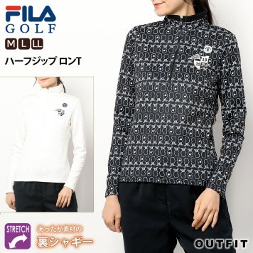 FILA GOLF フィラゴルフ ゴルフウェア ハイネックシャツ ロンT レディース ストレッチ 保温 防寒 裏シャギー 起毛 ロゴ 長袖 あったか 総柄 ハーフジップ UVカット ファスナー スポーツ 吸汗性 二ット素材 カジュアル 白 黒 ギフト  花以外 敬老の日 プレゼント ギフト