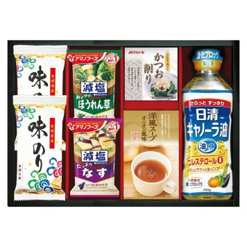 実りの秋の贈り物 日清キャノーラ油&アマノフーズバラエティセット 有明海産味のり（8切5枚）×2、日清キャノーラ油（400g）･アマノフーズ減塩いつものおみそ汁（なす）（9g）･アマノフーズ減塩いつものおみそ汁（ほうれん草）（6.8g）･丸美屋洋風スープオニオン風味（2.