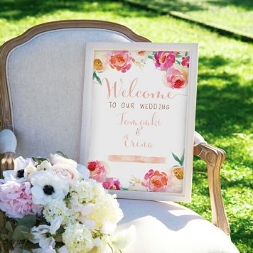 グラフィック ウェルカムボード（ウォーターフラワー コーラルピンク）結婚式 ギフト お祝い 披露宴 ウェディング ウエルカムスペース 花 エレガント 水彩 ナチュラル＆カジュアル