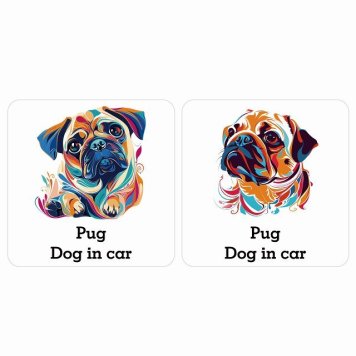 Dog in car Pug パグ Dタイプ Eタイプ サインステッカー シール 正方形 13x13cm 防水 屋内 屋外 セーフティサイン 安全対策 車用 安全運転 煽り運転対策 安全対策 カラフル ポップアート風 アニメ風 かわいい イラスト  カーサイン