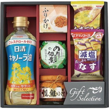 食卓バラエティギフト キャノーラ油 [26-2903-050] 減塩おみそ汁 たまごスープ 鮭ほぐし のり佃煮 さけふりかけ 詰め合わせ お返し 内祝い お祝い お歳暮 お中元 御礼