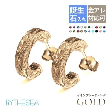 金属アレルギー フープピアス ハワイアンジュエリー 純チタン ゴールドカラー 誕生石 フープピアス Mサイズ 片耳購入可能 キャッチ シンプル 片耳 20G(ゲージ) BY THE TIEA バイザシー メンズ レディース 誕生日 プレゼント ハロウィン 【品番：TIE108-Y】