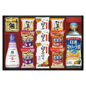 夏の贈り物お中元 千寿和膳日清オイリオ･キッコーマン･アマノフーズ詰合せ 白子のり味のり（8切5枚）×3、アマノフーズ減塩いつものおみそ汁（なす）（9g）･アマノフーズ減塩いつものおみそ汁（なめこ）（8g）･たまごスープ（6.4g）×各2、日清キャノーラ油ペット（400g