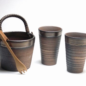 【豪華酒器セット】おしゃれな萬古焼き備前金彩氷4点セット【陶芸作家　安藤嘉規作】