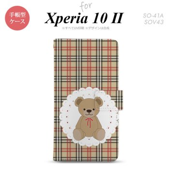 Xperia10 II 手帳型 スマホケース 全面印刷 おしゃれ ストラップホール有り くま チェック レース 茶 赤 nk-004s-xp102-dr754
