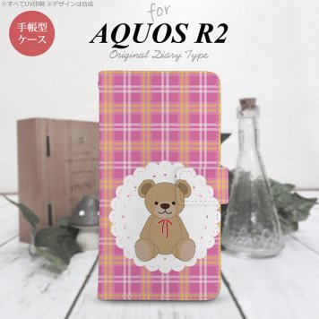 SH-03K/SHV42/706SH AQUOS R2 手帳型スマホケース カバー くま チェック レース ピンク  nk-004s-r2-dr756