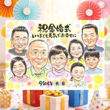 結婚記念日のプレゼントに、写真とは違う、ぬくもりのある記念品です。 金婚式 贈り物 似顔絵 プレゼント 手描き ギフト 名入れ 結婚記念日 誕生日 長寿 お祝い 大人数 ご夫婦 ご両親 祖父 家族 名入れ 修正無料 下書き確認 一生もの そっくり 実績多数 宝物 結婚50周年 感謝 一生もの 宝物 長寿 初任給 カラフル お祝いの品 喜寿祝い お祝い返し サプライズ 傘寿祝い 色紙 ハロウィン