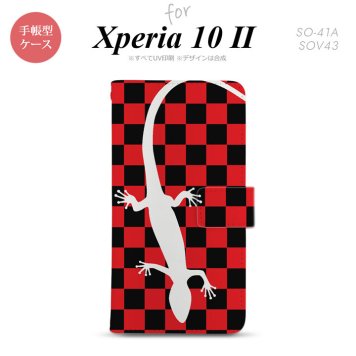 Xperia10 II 手帳型 スマホケース 全面印刷 おしゃれ ストラップホール有り トカゲ 市松 赤 nk-004s-xp102-dr864