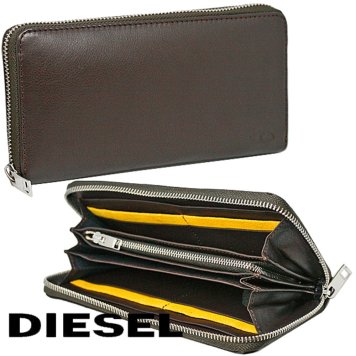 DIESEL ディーゼル 財布 ラウンドファスナー レザー 本革 ブラウン イエロー X08423 P0685 H9031 新品 無料ラッピング可