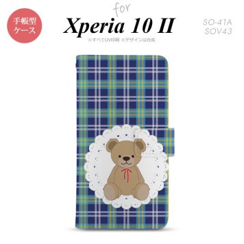Xperia10 II 手帳型 スマホケース 全面印刷 おしゃれ ストラップホール有り くま チェック レース 青 nk-004s-xp102-dr758