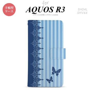 SH-04L/SHV44 AQUOS R3 手帳型スマホケース カバー バタフライ 蝶 レース 青  nk-004s-r3-dr1283