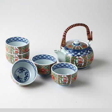 錦間取縁彩花土瓶茶器揃 磁器 有田焼 やきものの里から、暮らしを贈ります。　ギフト 食器 セット テーブルウェア