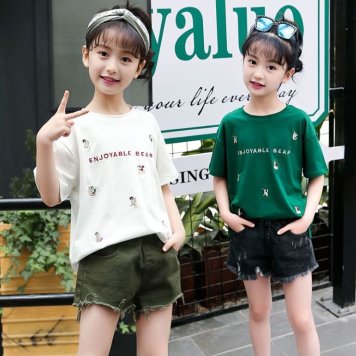 キッズ シャツ 子供服 Ｔシャツ 女の子 半袖 子供 Ｔシャツ 子供服 半袖 Ｔシャツ デザイン ラインストーン ショートパンツとセット着用Tシャツ