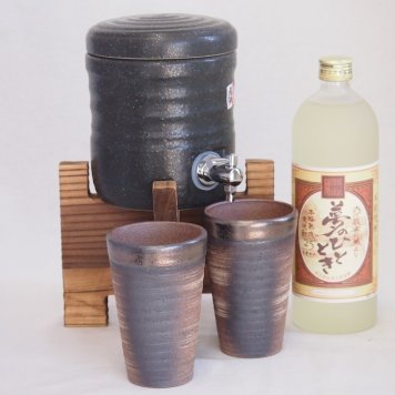国産美濃焼 天正黒釉焼酎サーバー1200cc木代付セット(13.5×15.5cm 1.6キロ)10