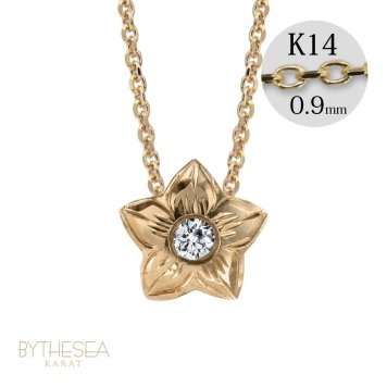 ハワイアンジュエリー ダイヤモンド イエローゴールド ネックレス プルメリア スターフラワー 14K K14 一粒ダイヤモンド 鑑定書付 14k カットあずきチェーン太0.9mm ギフトラッピング可能 彼女 妻 女性 レディース プレゼント ハロウィン 【品番：CG-GP102-CH123】