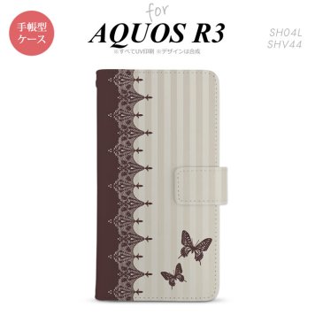 SH-04L/SHV44 AQUOS R3 手帳型スマホケース カバー バタフライ 蝶 レース 茶  nk-004s-r3-dr1284