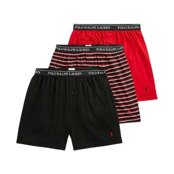 ラルフローレン Ralph Lauren ニットボクサー トランクス ロゴ 3枚セット お買い得 パック 下着 NCKBP3 U1O メンズ ブラック+ホワイト+レッド 綿 コットン