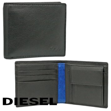 DIESEL ディーゼル 財布 ２つ折り 小銭入れ レザー 本革 ブラック ブルー X08424 P0685 H1146 新品 無料ラッピング可