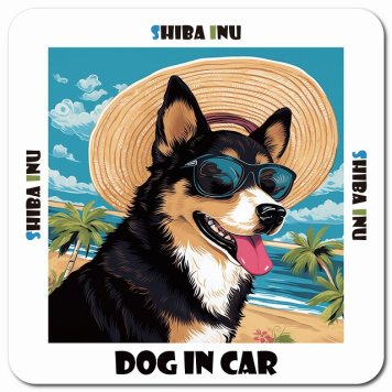 名入れ可 海 麦わら帽子 サングラス 夏 Black Shiba Inu 黒柴 カーサイン 車 マグネットステッカー 犬 マグネット 強力 13x13cm 正方形ドラレコステッカー 安全対策 危険運転 煽り運転 アニマル 動物 犬種別 屋外 防水 屋内