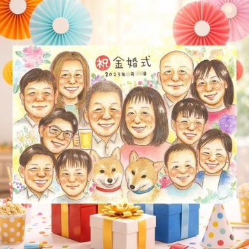 結婚記念日のプレゼントに、大切な人の笑顔を、ずっと近くに飾れます。 贈り物 似顔絵 金婚式 手描き プレゼント ギフト 名入れ 結婚記念日 誕生日 長寿 お祝い 大人数 家族 ご両親 祖父 ご夫婦 名入れ 下書き確認 修正無料 かわいい 喜ばれる 宝物 サプライズ 感謝 長寿 宝物 一生もの 結婚50周年 カラフル メモリアルギフト ウェディングギフト オーダーメイド 二次会 節目 卒寿祝い