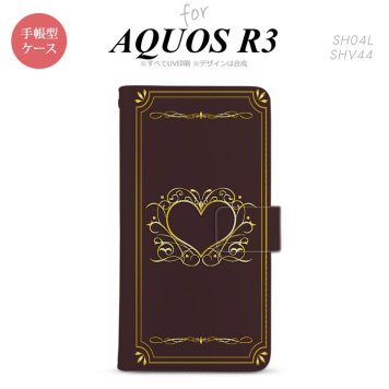 SH-04L/SHV44 AQUOS R3 手帳型スマホケース カバー ハート 飾り 茶 金  nk-004s-r3-dr619
