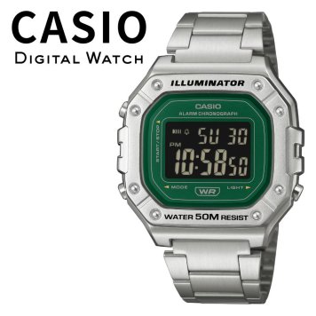 箱なし カシオ 腕時計 メンズ グリーン シルバー デジタル CASIO 海外モデル 50m防水 ストップウォッチ アラーム LEDライト メタル ステンレス レトロ おしゃれ プレゼント ギフト 成人 卒業 入学