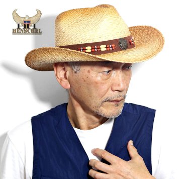ラフィア ハット ウエスタンハット メンズ 春夏 麦わら帽子 HENSCHEL 大きいサイズ ストローハット 帽子 涼しい ウッドビーズ Mサイズ Lサイズ XLサイズ ナチュラル ギフト プレゼント 誕生日 ラッピング