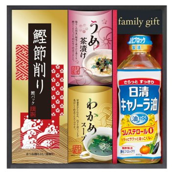 実りの秋の贈り物 日清オイリオ食卓詰合せ 日清キャノーラ油（400g）･わかめスープ（5.3g×2袋）･うめ茶漬け（4.3g×2袋）･鰹節削り（2g×4袋）×各1