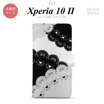 Xperia10 II 手帳型 スマホケース 全面印刷 おしゃれ ストラップホール有り レース 黒 白 nk-004s-xp102-dr726