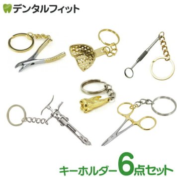 【送料無料】歯科用具キーホルダー6点セット 【 鉗子 / 印象トレー / カートリッジシリンジ / デンタルミラー / 持針器 / 臼歯DMI 】