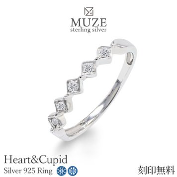 MUZE JEWELRY  リング SV925 ハーフエタニティ プラチナ仕上げ オーダーメイド シンプルリング ハートキューピッド Heart&Cupid キュービックジルコニア シルバーリング ワンポイント 誕生日 プレゼント 彼女 妻 記念 刻印 名入れ
