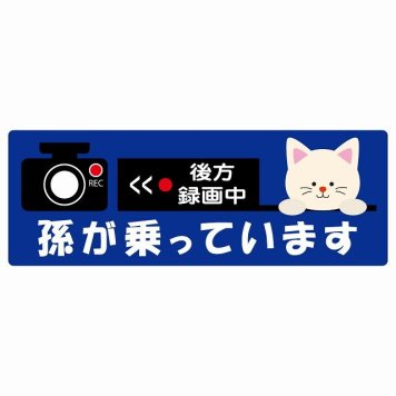 孫が乗っています 後方録画中 ねこ ネイビー サインステッカー シール 車 ステッカー 長方形 14x5cm 防水 屋内 屋外 セーフティサイン 安全対策 車用 安全運転 煽り運転対策 安全対策 かわいい イラスト カーサイン