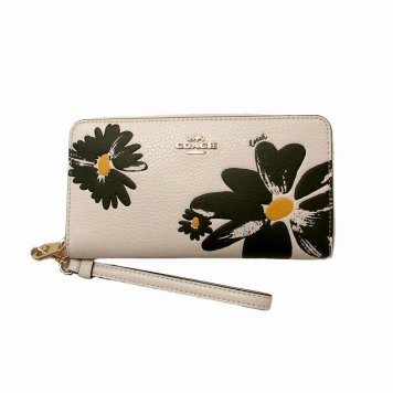 コーチ レザー財布 COACH アウトレット レザー財布 限定フラワープリント  ロング ジップ アラウンド ウォレット　ストラップ付き　CZ603 IMCAH