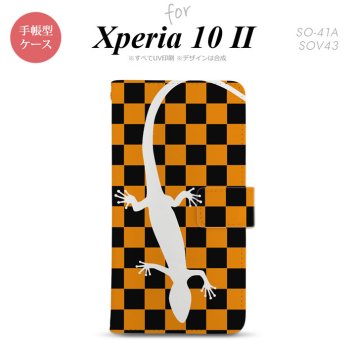 Xperia10 II 手帳型 スマホケース 全面印刷 おしゃれ ストラップホール有り トカゲ 市松 オレンジ nk-004s-xp102-dr862