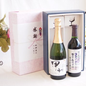 感謝の贈り物ボックス 穂坂甲州種ぶどう100%辛口スパークリングワインと国産ワインセット(酸化防止剤無添加 信州コンコード赤ワイン 甘口(長野県)720mlシャンモリ柑橘香 穂坂甲州スパークリングワイン(山梨県)750ml