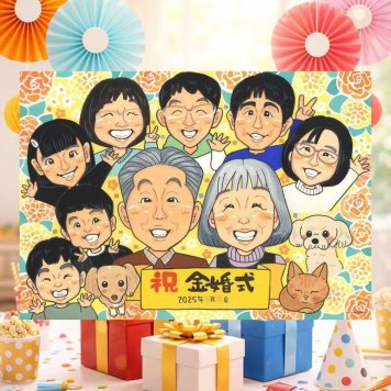 結婚記念日の記念に、特別なお祝いに、特別な笑顔を贈れます。 似顔絵 プレゼント 金婚式 贈り物 手描き 名入れ ギフト 結婚記念日 誕生日 お祝い 長寿 大人数 ご両親 家族 祖父 ご夫婦 名入れ 下書き確認 修正無料 かわいい サプライズ 宝物 実績多数 感謝 長寿 宝物 結婚50周年 一生もの 大量注文 お祝い返し メモリアル 記念日 オーダーメイド 古希祝い 傘寿祝い 白寿祝い 喜寿祝い