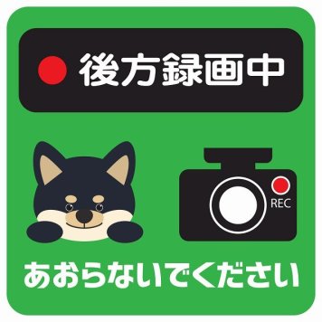 ドラレコ ステッカー シール 後方録画中 あおらないでください 黒柴 グリーン 13x13cm 正方形 おしゃれ かわいい ドラレコシール 安全対策 危険運転 煽り運転 前後 アニマル 動物 イラスト付 ドライブレコーダー REC  カーサイン