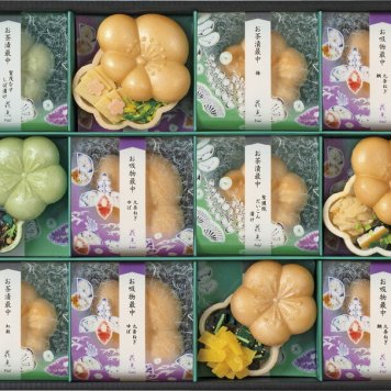 冬の贈物お歳暮お茶漬・お吸物最中詰合せ 京洛・辻が花 お吸物（九条ねぎ（ゆば・鯛））×各3、お茶漬（賀茂なすしば漬け・聖護院だいこん漬け）×各2、お茶漬（梅・紅鮭）×各1