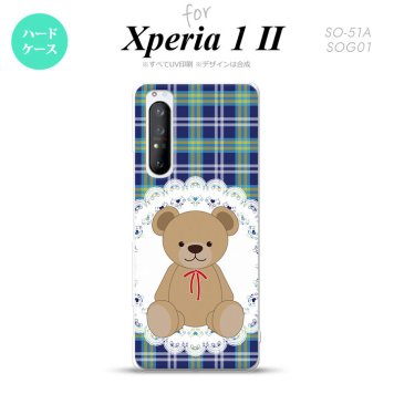 Xperia 1 II 5G スマホケース 背面カバー ストラップホール有り ハードケース くま チェック レース 青 ストラップホール おしゃれ かわいい かっこいい メンズ レディース nk-xp12-758